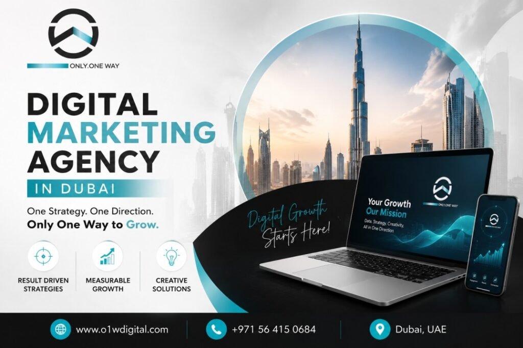 Creative digital marketing agency banner in Dubai featuring the O1W Digital logo