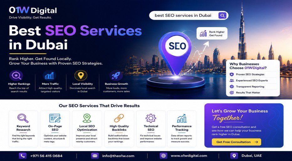 Modern promotional banner for O1W Digital showcasing best SEO services in Dubai with Dubai skyline