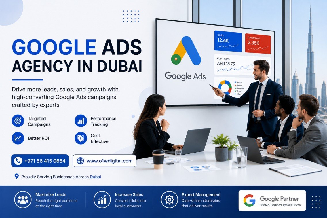 Google Ads agency in Dubai banner with digital marketing team presentation and Google Ads campaign strategy