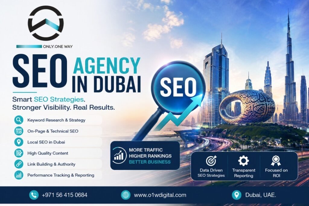 SEO agency in Dubai banner design by O1 Web Development with Dubai skyline and digital SEO marketing