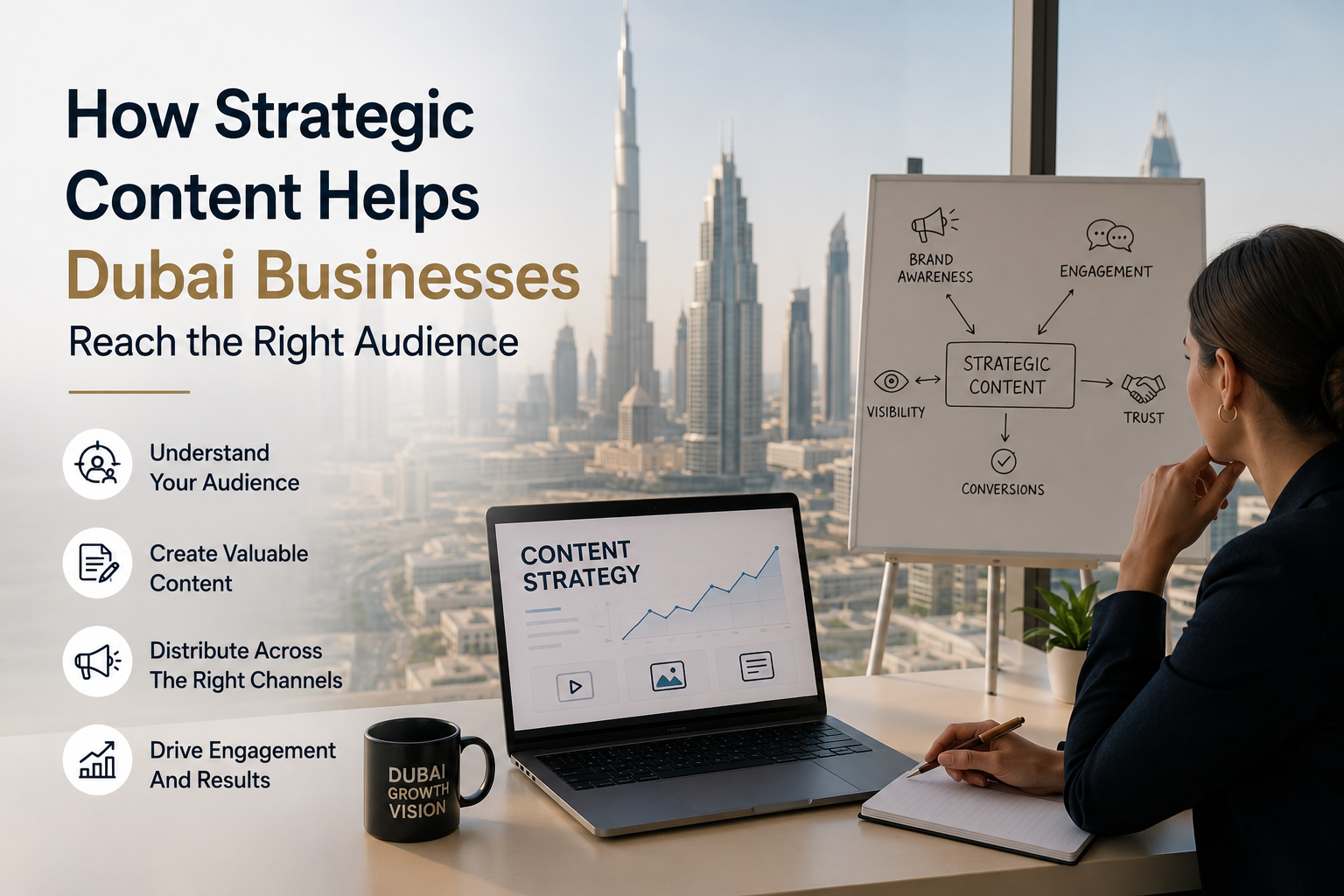 Business professional developing a content strategy in Dubai to help businesses reach the right audience through targeted digital marketing and content creation