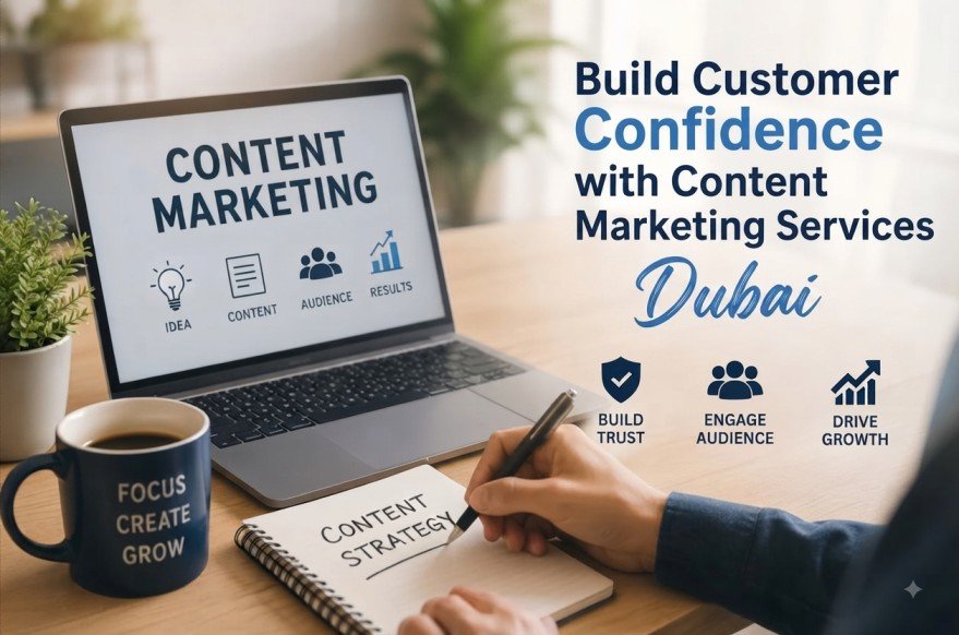 Content marketing services in Dubai showing a laptop with content marketing strategy and a person writing notes.