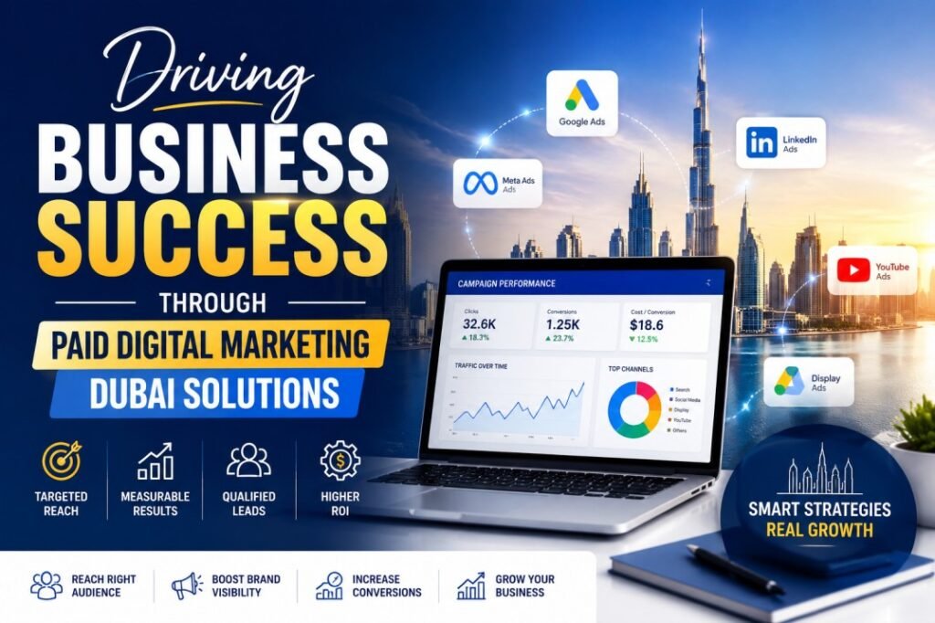 Paid digital marketing Dubai campaign dashboard showing business growth and online advertising performance