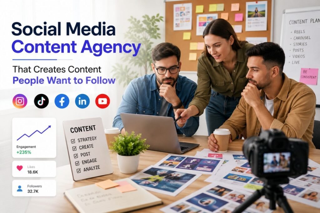Creative team at a Social Media Content Agency planning content strategy, video production, photography, and social media campaigns for business growth.