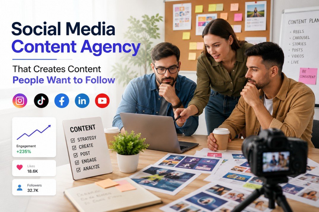 Creative team at a Social Media Content Agency planning content strategy, video production, photography, and social media campaigns for business growth.