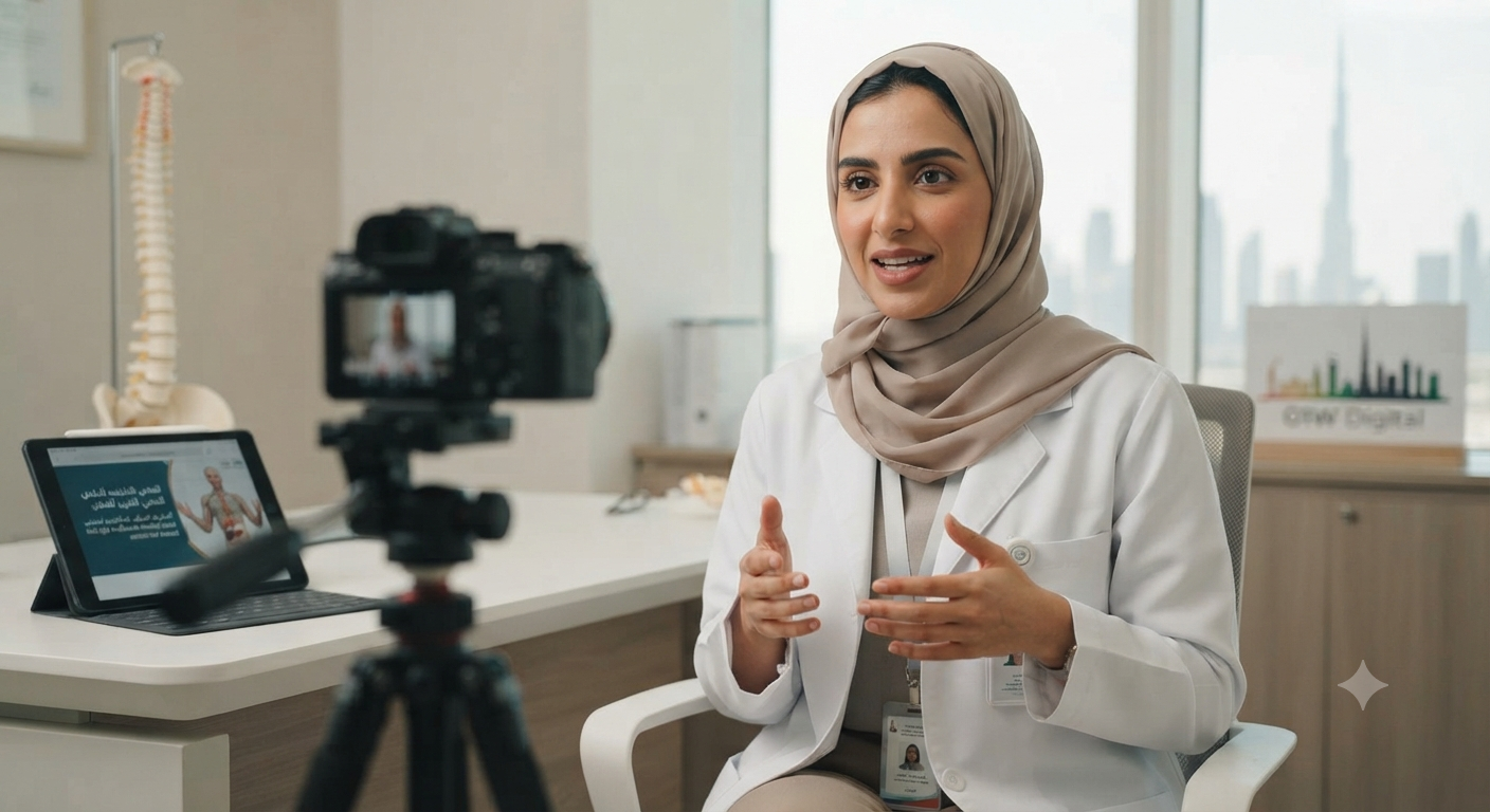 A female doctor in a hijab and lab coat recording an educational video in a clinic with the Dubai skyline visible, representing services from the best content creation agency in Dubai.