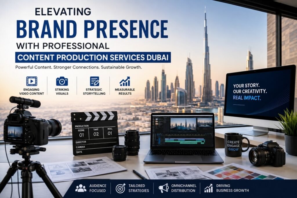 Professional Content Production Services Dubai studio showcasing high quality video production, photography, creative editing, and digital branding with the iconic Dubai skyline in the background.