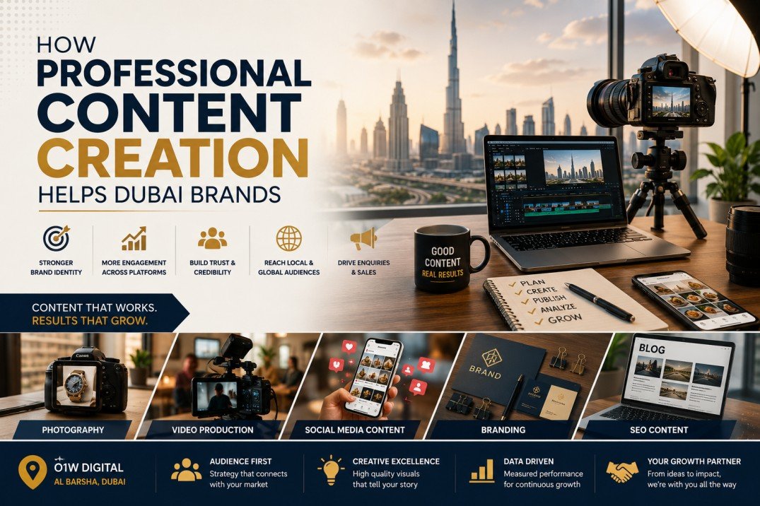 Best content creation agency Dubai showcasing professional photography, video production, social media content, branding, and SEO content creation for business growth.